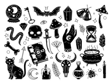 Witchcraft set. drawn magic crystals, witch ball and black cat. human skull, esoteric occult symbols. medieval magical halloween exact vector set. illustration of witchcraft and halloween Фото со стока