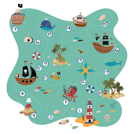 Treasure Map Children Game. Palm Island, Volcano And Pirate Ships In Ocean.  Sea Adventures Kids Board Play. Nowaday Gaming Page Vector Template.  Illustration Of Island Pirate With Treasure Клипарты, SVG, векторы, и