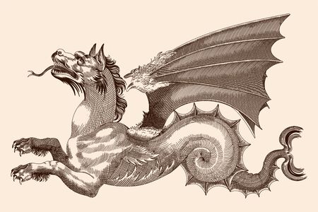 Dragon with wings, open mouth and protruding tongue. vector drawing in the style of medieval engraving. Vector Illustration