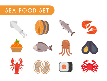 フラット カラー アイコンのセットです 魚介類 魚 エビ カキ イカ タコ カニ キャビア サーモン ドラド のイラスト素材 ベクタ Image フラット カラー アイコンのセットです 魚介類 魚 エビ カキ イカ タコ カニ キャビア サーモン ドラド のイラスト素材 ベクタ Image