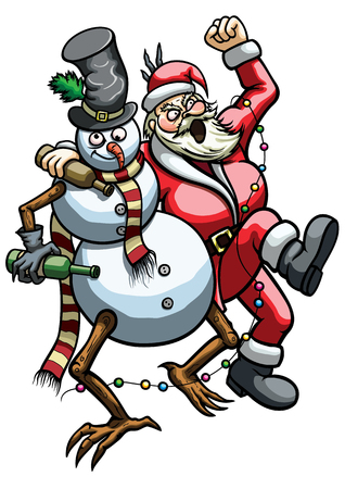 Illustration a drunk Snowman and rowdy roaring Santa Claus hugging