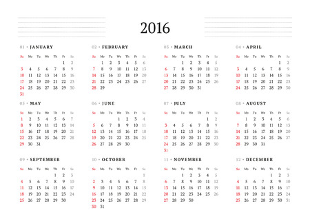 calendar 2016 vector print template 12 months week starts