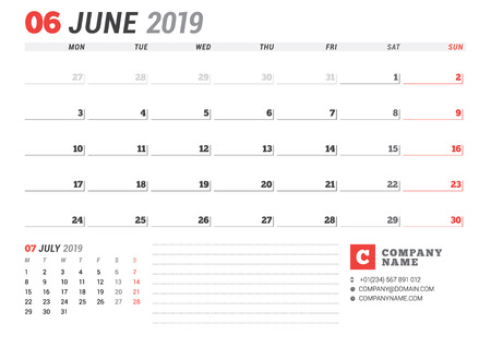 Calendar template for june 2019. business planner. stationery design. week starts on monday. 2 months on the page. vector illustration Stock Photo