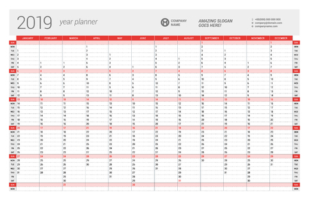 vector yearly wall calendar planner template for 2019 year vector design print template week starts sunday