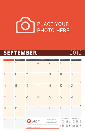Wall calendar planner for 2019 year. vector design print template with place for photo and notes. phases of the moon. week starts on sunday. 3 months on page. september 2019