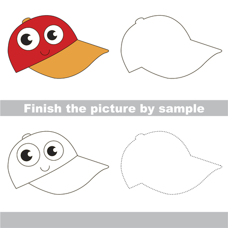 サンプルで絵を完成し Red Hat のかわいいを描画する子供のための簡単な教育ゲーム 難易度のレベルが簡単 なゲーム就学前の子供のためのワークシートの描画のイラスト素材 ベクタ Image