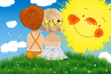 Children sitting in a meadow under the sun