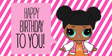 Cute vector lol doll with black and pink hair and big black eyes. design for baby girl t-shirt, decoration birthday invitation, coloring book. modern kids fashion, print.
