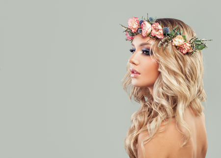 Pretty Young Woman With Flowers Hairstyle Blonde Beauty Perfect