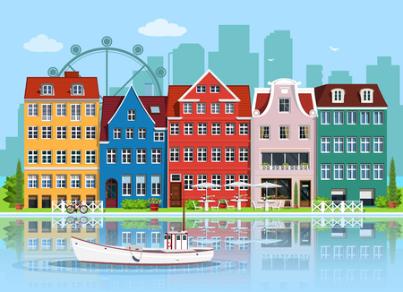 Facades of cute european old buildings. detailed graphic houses set. old town, water reflection and boat. flat style vector illustration.