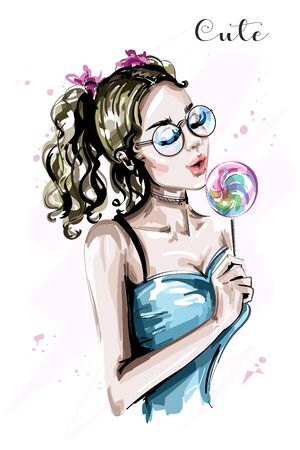 Hand drawn beautiful young woman with candy. fashion woman with ponytails. stylish girl. sketch.
