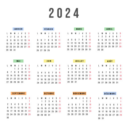 French calendar 2024 year vector stationery square calendar week starts monday yearly organizer simple calendar template in minimal design business illustration Фото со стока