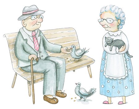 Set of two elderly people isolated on white background. watercolor hand drawn illustration