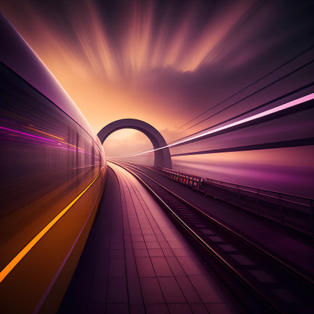 Abstract scene of high speed train moving in tunnel at sunset.