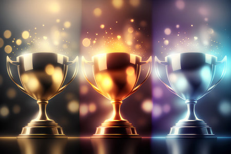 Gold, silver and bronze trophies on a colorful background. vector illustration Stock Photo