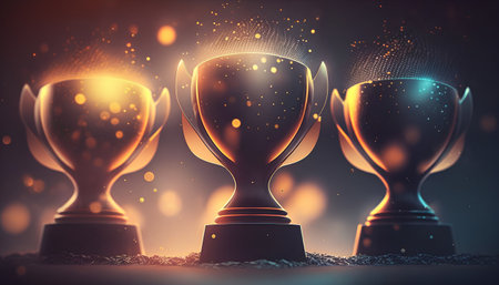 Abstract glowing trophy cup on dark background. award concept. 3d rendering Stock Photo