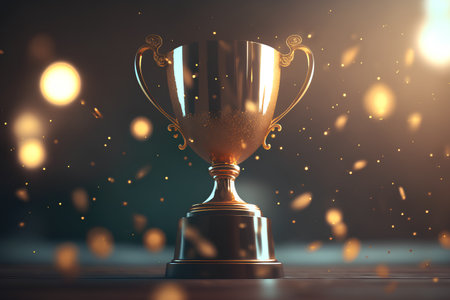 3d render of golden trophy cup on dark background with bokeh