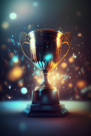 Realistic shiny golden trophy cup on abstract background. vector illustration. Stock Photo