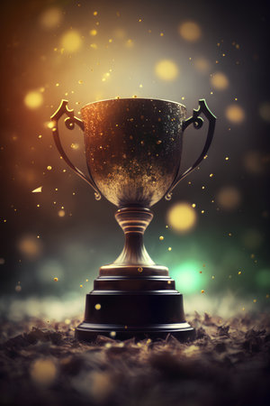 Golden trophy cup on dark background. reward concept. 3d rendering