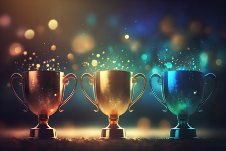 Gold, silver and bronze trophy cups on dark background. 3d rendering