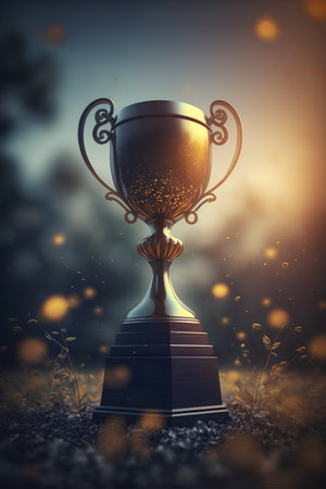Golden trophy cup on grass with bokeh background, 3d render