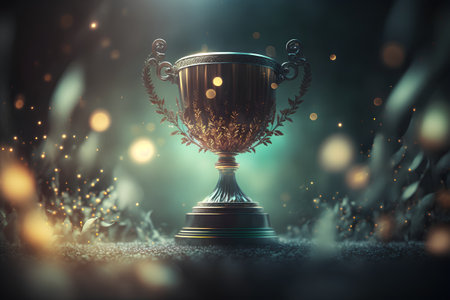 3d rendering of golden trophy cup on dark background with bokeh lights