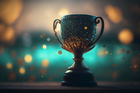 Trophy cup on a wooden table with bokeh background.