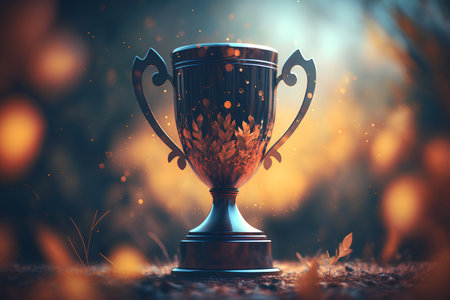 3d rendering of a golden trophy cup on the grass in the forest Stock Photo