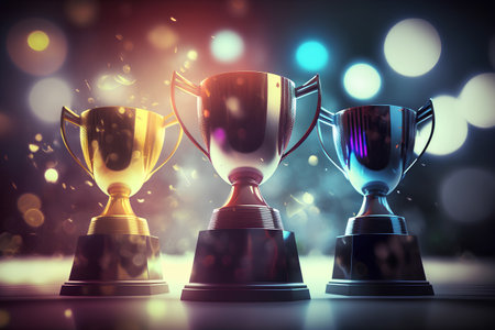 Trophy cups on abstract bokeh background. 3d rendering