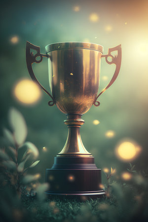 Golden trophy cup on green grass with bokeh background. 3d rendering