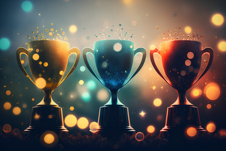Trophy cup on colorful bokeh background. 3d illustration
