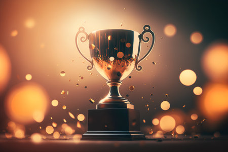 Trophy cup with golden bokeh background. 3d rendering