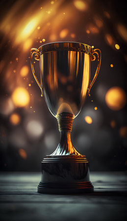 Trophy cup on golden bokeh background. 3d rendering