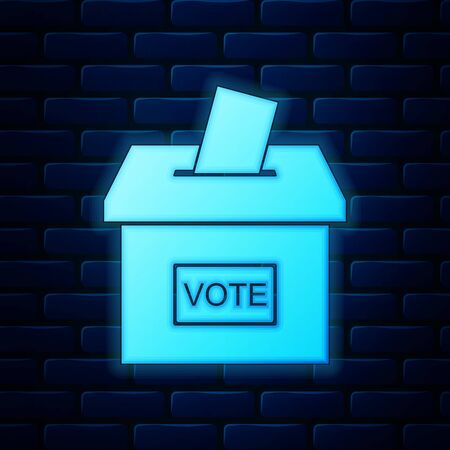Glowing neon vote box or ballot box with envelope icon isolated on brick wall background. vector illustration