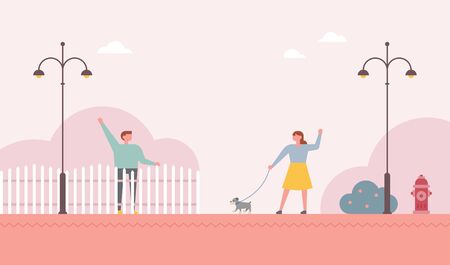 Neighbors greet each other with a fence in between.