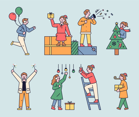 People are getting ready for the christmas party. a small and simple character source set. flat design style minimal vector illustration. Stock Photo