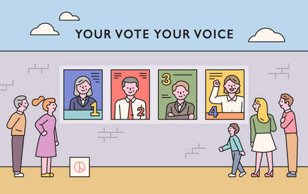 There are posters of candidates on the wall and people gather to watch. flat design style minimal vector illustration. Banco de Imagens