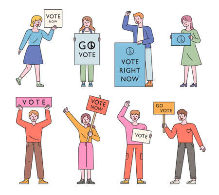 Crowds are campaigning with pickets. flat design style minimal vector illustration.