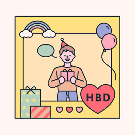 A boy having a birthday party in a frame decorated with cute icons. flat design style minimal vector illustration. Stock Photo