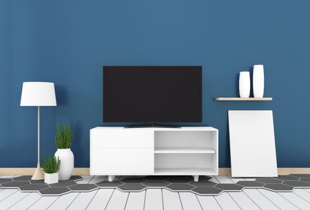 Smart Tv With Blank Black Screen Hanging On Cabinet Design Modern