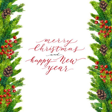 Merry Christmas and Happy New Year text on watercolor christmas border of fir branches, cones and red berry, christmas lettering on watercolour hand painted xmas frame for holiday card, invitation - 69638243