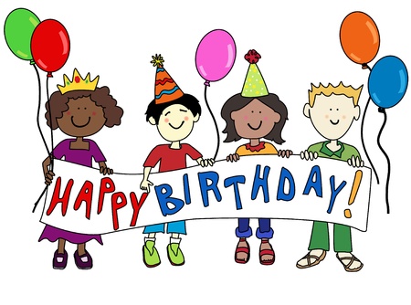 Happy multicultural cartoon kids holding a Happy Birthday banner - 9717735