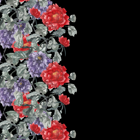 牡丹と水彩の背景 黒に紫と赤の花 中国絵画の様式化された図 の写真素材 画像素材 Image