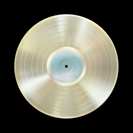 Disque vinyle platine, disque de récompense réaliste isolé sur fond noir. disque de maquette gramophone lp, étiquette vierge. très détaillé. album musical. technologie ancienne d'art vintage. illustration vectorielle eps 10