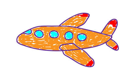わざと幼稚なスタイルのオレンジ色の飛行機。子供の絵。模造絵画