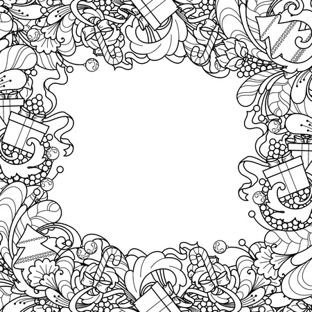 Coloring Book Page Christmas Frame With Tree Gift Box Bells In Doodle Style Floral
