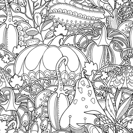 Floral Ornate Decorative Tribal Vector Design Elements Black And White Monochrome Background Pumpkins Berries Leaves Coloring Book Page