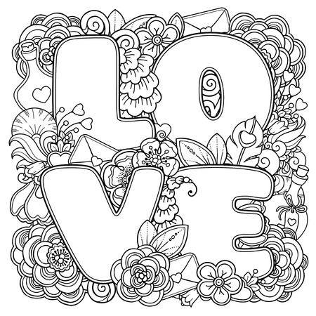 In Doodle Style Floral Ornate Decorative Tribal Design Elements Black And White Layout Hearts Love Letters Flowers Coloring Book Adult