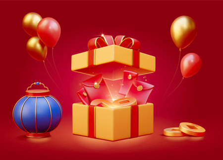 Elementos festivos de año nuevo chino de dibujos animados en 3d, incluidos globos, linterna, caja de regalo con sobres rojos y monedas. aislado sobre fondo rojo