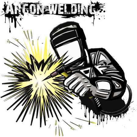 Welder in a mask performing argon welding of the metal white background vector illustration Stock fotó